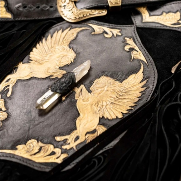 Buffalo Girl Versailles Apache Tasseled Black Leather Bag with Citrine Crystal - Picture 11 of 15